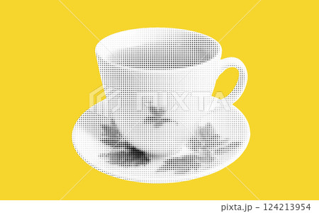 A vintage cup and saucer create a striking visual on a bright yellow surface, enhanced by intricate halftone patterns that breathe life into the composition. Retro elegance is mindfully captured. 124213954