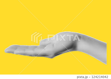 Hand in halftone treatment for collage on yellow background. hand, side view as if holding something, vector trendy illustration in dot like pop art 124214042