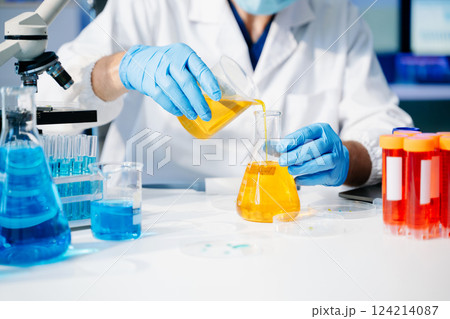 Scientists, beakers, and microscopes in cutting-edge research. Perfect for science and technology projects. 124214087
