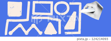 Hand drawn digital collage with halftone and bitmap elements illustrating teamwork, app development, and corporate success 124214093