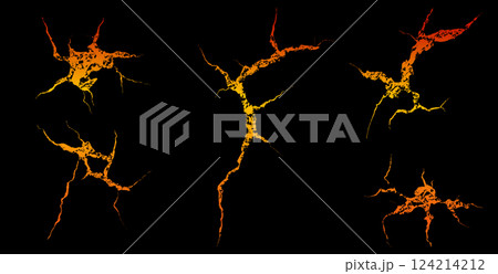 Deep cracks formed by cooling lava create a striking contrast against a dark background, showcasing nature's fiery essence and geological wonders. Deep cracks formed by cooling lava create a striking contrast against a dark background, showcasing nature's fiery essence and geological wonders. 124214212