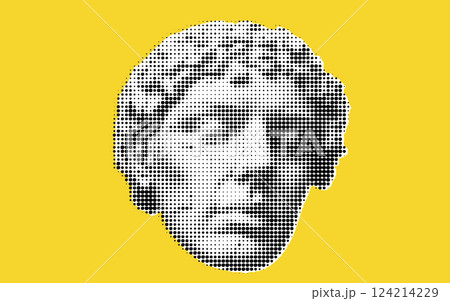 A stylized representation of a classical sculpture head, created using a dotted pattern on a bright yellow background. 124214229