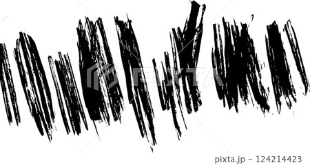 An abstract composition featuring bold, black brush strokes arranged in a dynamic, irregular pattern. The strokes vary in thickness and length, creating a sense of movement and texture against a white 124214423