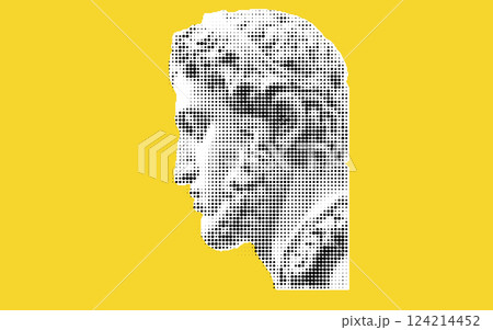 A stylized representation of a classical sculpture head in a dotted pattern against a bright yellow background. A stylized representation of a classical sculpture head in a dotted pattern against a bright yellow background. 124214452