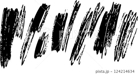 A collection of bold, black brush strokes on a white background, showcasing various textures and patterns. Ideal for artistic backgrounds or design elements. 124214634