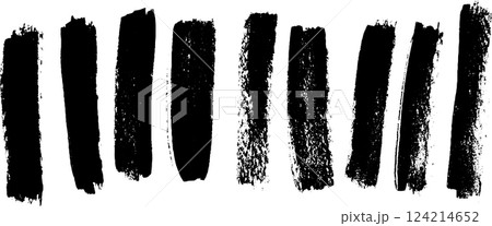 A collection of black paint strokes on a white background, showcasing various textures and widths. Ideal for artistic design or background elements. 124214652