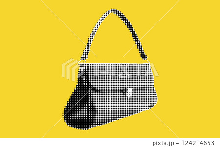 A striking collage showcases a fashionable handbag created with halftone techniques, set on an eye-catching yellow backdrop. The piece exudes contemporary artistic flair. 124214653