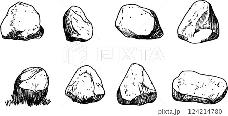 A collection of hand-drawn rocks in various shapes and sizes, showcasing their textures and contours. The rocks are illustrated in black and white, emphasizing their natural forms. 124214780