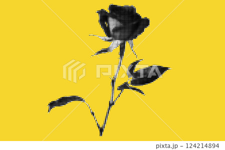 A stunning halftone representation of a rose, its delicate petals and leaves captured in black against a vibrant yellow background, showcasing artistic elegance and visual harmony. 124214894