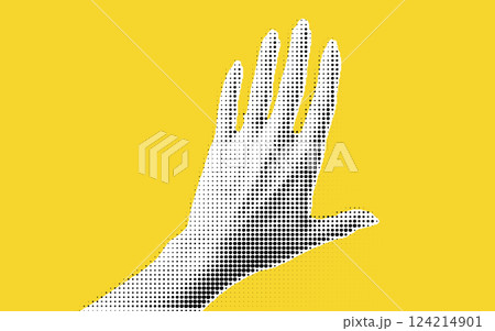 A stylized illustration of a human hand raised against a bright yellow background, created using a dotted halftone effect. 124214901
