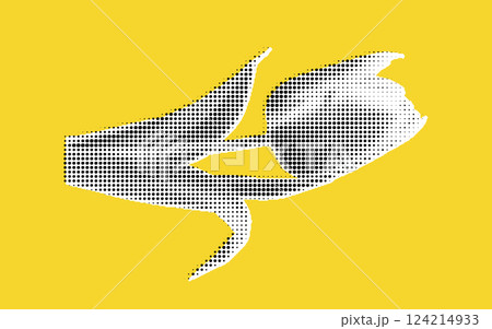 A stylized illustration of a hand holding a tulip flower, depicted in a dotted pattern against a bright yellow background. 124214933
