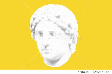A stylized representation of a classical statue's head, featuring a dotted pattern on a bright yellow background. 124214942