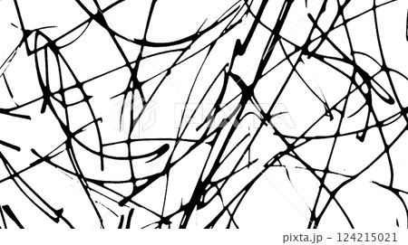 An abstract black and white pattern featuring chaotic, intertwining lines and strokes on a white background, creating a dynamic and energetic visual effect. 124215021