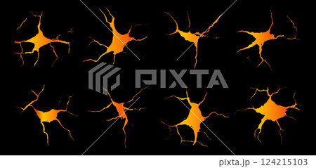 A mesmerizing array of lava cracks sprawls across the rugged terrain, illuminated by a soft orange glow, symbolizing the power and beauty of volcanic activity at dusk. A mesmerizing array of lava cracks sprawls across the rugged terrain, illuminated by a soft orange glow, symbolizing the power and beauty of volcanic activity at dusk. 124215103