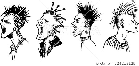 A series of four punk-inspired character illustrations, each with unique hairstyles and expressions. The characters have distinct features like piercings and spiked hair, showcasing a rebellious style 124215129