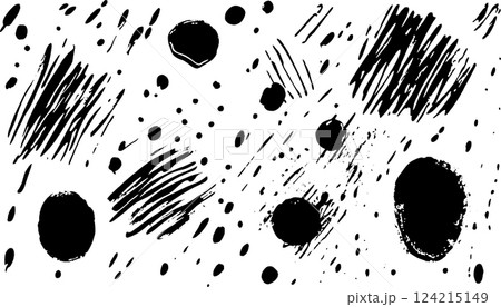 A collection of abstract black and white patterns featuring various shapes, lines, and dots. The design includes splashes, strokes, and circular forms, creating a dynamic visual effect. A collection of abstract black and white patterns featuring various shapes, lines, and dots. The design includes splashes, strokes, and circular forms, creating a dynamic visual effect. 124215149