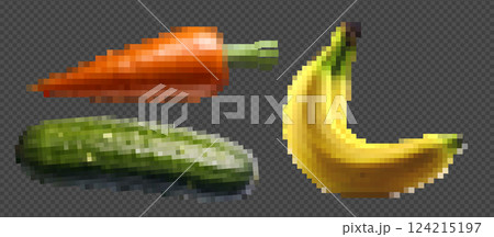Pixel art set featuring banana, cucumber, and carrot icons. Trendy, adult-themed food emoticons with censorship. Retro design elements like stickers and labels for health, produce, and supermarket 124215197