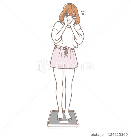 体重計に乗ってショックを受ける女性 124215369