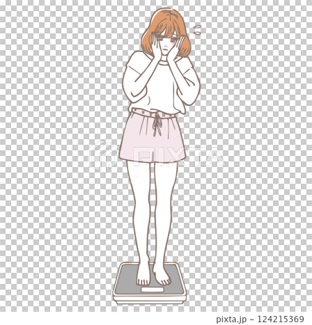 体重計に乗ってショックを受ける女性 124215369