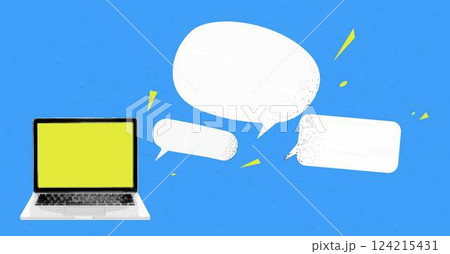 Collage graphic design banner with laptop mockup and speech bubbles. Ads background. Online talk concept with empty space for text. Popart trendy illustration with halftone elements. Collage graphic design banner with laptop mockup and speech bubbles. Ads background. Online talk concept with empty space for text. Popart trendy illustration with halftone elements. 124215431