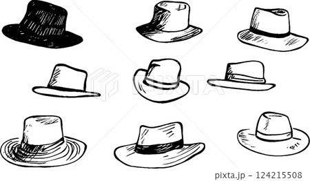 A collection of hand-drawn hats in various styles and shapes, including fedoras and wide-brimmed hats, displayed in a grid format. A collection of hand-drawn hats in various styles and shapes, including fedoras and wide-brimmed hats, displayed in a grid format. 124215508