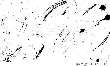 Abstract black ink splatters and brush strokes on a white background, creating a dynamic and artistic texture. 124215513