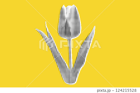 A stylized illustration of a tulip flower in white, set against a bright yellow background. The tulip features a dotted pattern, enhancing its visual appeal. A stylized illustration of a tulip flower in white, set against a bright yellow background. The tulip features a dotted pattern, enhancing its visual appeal. 124215528
