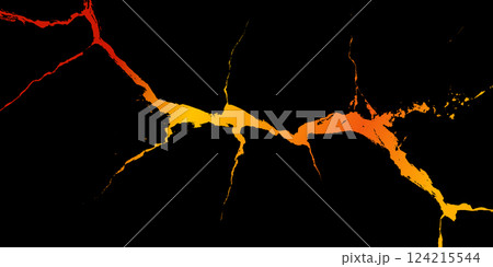 Vivid cracks of lava glow brightly against the darkness, casting an enchanting light. The molten flow creates a stunning visual contrast, showcasing nature's fierce energy. 124215544