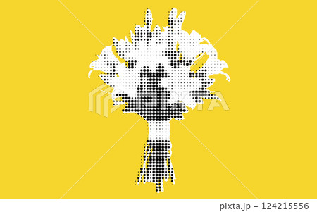 A stylized bouquet of flowers in black and white, set against a vibrant yellow background. The design features a dot pattern, creating a modern and artistic look. A stylized bouquet of flowers in black and white, set against a vibrant yellow background. The design features a dot pattern, creating a modern and artistic look. 124215556