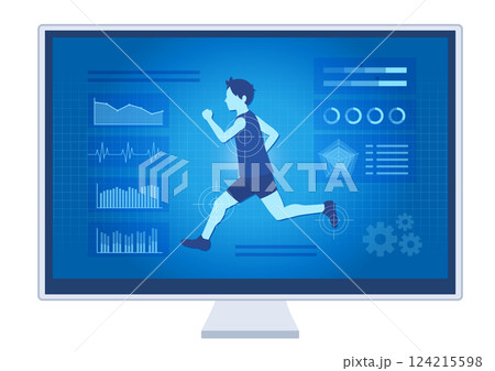 走っている男性の身体データを分析しているパソコンの画面 124215598