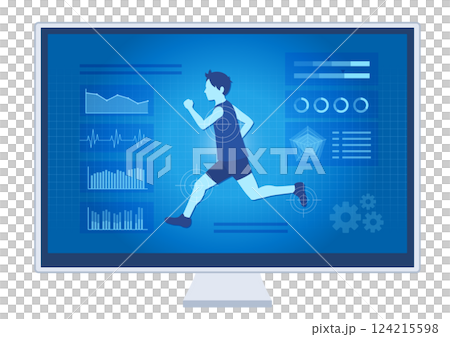 走っている男性の身体データを分析しているパソコンの画面 124215598