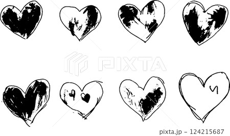 A collection of hand-drawn hearts in various styles, featuring different patterns and textures. The hearts are in black and white, showcasing artistic variations. 124215687