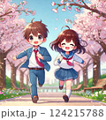 新しい制服を着て桜並木を駆け抜ける男の子と女の子 124215788