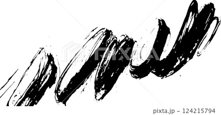 A dynamic, abstract brushstroke in black paint on a white background, showcasing fluid movement and artistic expression. 124215794