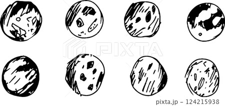 A grid of eight hand-drawn circular shapes resembling planets or celestial bodies, each with unique textures and patterns. The designs include spots, stripes, and varying shading, creating a whimsical 124215938