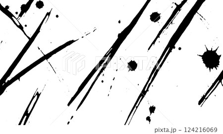 An abstract design featuring black ink splatters and streaks on a white background, creating a dynamic and artistic effect. 124216069