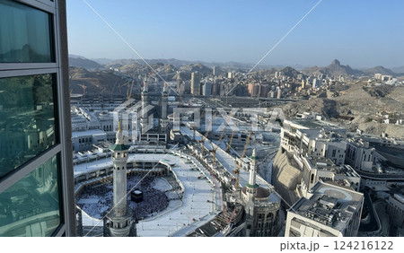 Aerial view of Masjid Al-Haram and Makkah city from the Clock Tower, Pilgrims performing Tawaf around the Kaaba during Hajj or Umrah, Magrib pray. The Holy Mosque, Minarets, and skyline highlight this Aerial view of Masjid Al-Haram and Makkah city from the Clock Tower, Pilgrims performing Tawaf around the Kaaba during Hajj or Umrah, Magrib pray. The Holy Mosque, Minarets, and skyline highlight this 124216122