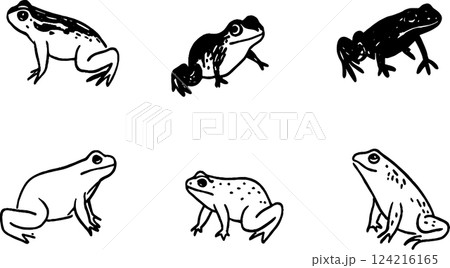 A collection of six illustrated frogs in various poses and styles. The frogs are depicted in black and white, showcasing different shapes and features, suitable for educational or artistic purposes. 124216165