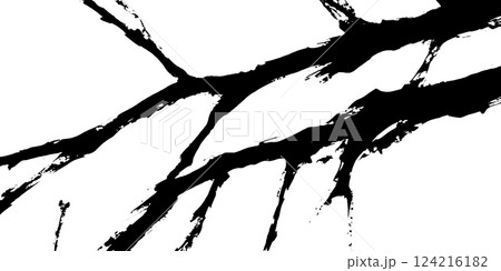 An abstract black and white illustration featuring jagged, branching lines resembling tree branches or cracks. The stark contrast creates a dramatic visual effect against a white background. 124216182