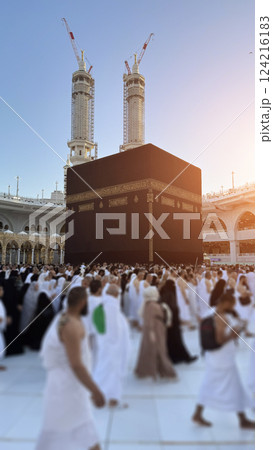 Muslim pilgrims perform Tawaf around the Kaaba after dawn prayer at Masjid al-Haram in Makkah, Saudi Arabia. Muslims worldwide face the Kaaba in prayer, symbolizing unity and devotion in Islam Muslim pilgrims perform Tawaf around the Kaaba after dawn prayer at Masjid al-Haram in Makkah, Saudi Arabia. Muslims worldwide face the Kaaba in prayer, symbolizing unity and devotion in Islam 124216183
