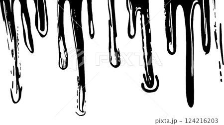 A graphic illustration of black paint or liquid dripping downwards, creating a textured effect. The drips vary in thickness and length, adding a dynamic visual element. 124216203