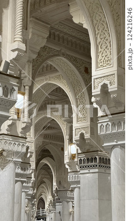 A Muslim pilgrim praying inside the grand Masjid al-Haram in Mecca, Saudi Arabia. The holy Kaaba, Islamic architecture, and religious symbols create a serene atmosphere during Hajj or Umrah 124216246