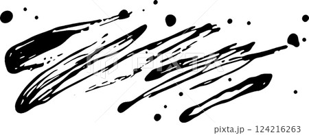 A collection of black ink splatters and strokes on a white background, showcasing various shapes and sizes. Ideal for artistic or design purposes. 124216263