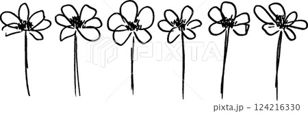 A simple black and white illustration of six flowers with thin stems and open petals, arranged in a row. A simple black and white illustration of six flowers with thin stems and open petals, arranged in a row. 124216330