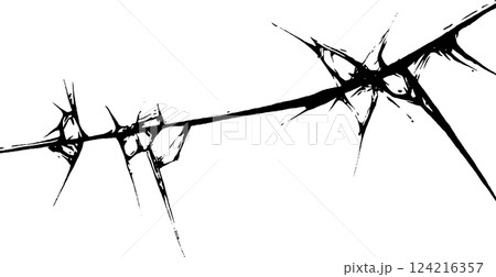 A stylized black and white illustration of a thorny branch with sharp spikes protruding from it, creating a dramatic and edgy appearance. 124216357