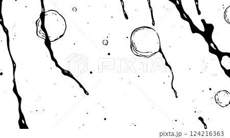 An abstract black and white illustration featuring splashes and droplets resembling ink or paint, with circular shapes scattered throughout. 124216363