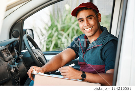 Logistics, supply chain and delivery with a shipping man in a van with a package and contract for retail. Ecommerce, truck and stock with a male transport worker out for commercial distribution Logistics, supply chain and delivery with a shipping man in a van with a package and contract for retail. Ecommerce, truck and stock with a male transport worker out for commercial distribution 124216585