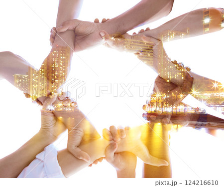 Teamwork, hands and city overlay for business team in support, trust and collaboration at digital marketing startup company. Holding hands, double exposure and solidarity in mission for staff success 124216610