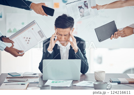 Stress, tired and business man with burnout, headache and frustrated work pressure with hands of employees giving task. Manager, mental health and data analyst male stressed and depressed at desk 124216611