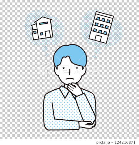 マンションと一戸建てと悩む男性 124216871